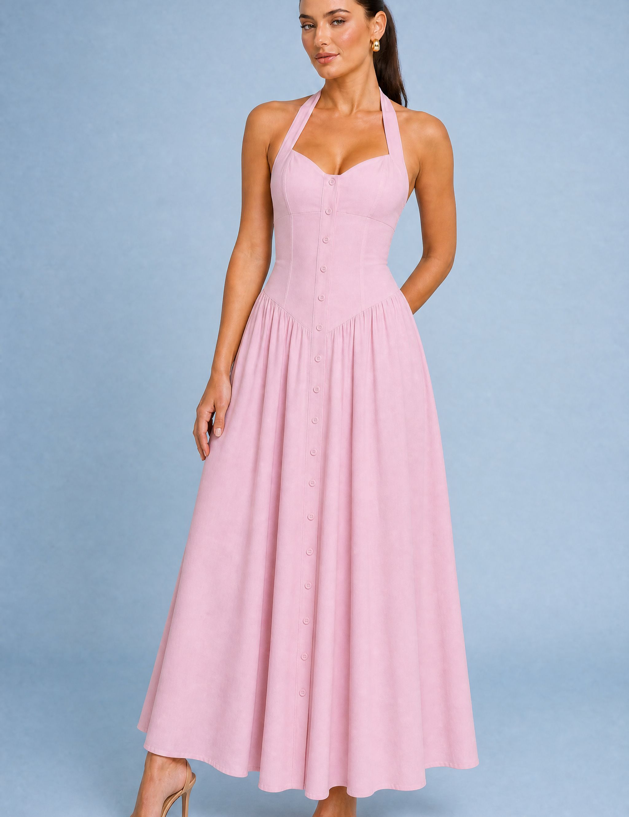 Robe longue blanche licou dos nu | Variante Rose | Lounelle Paris