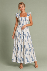 Ecru Floral Square-Neck Maxi Dress