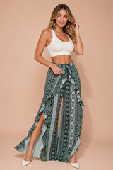 Green Printed High-Waisted Wide-Leg Pants