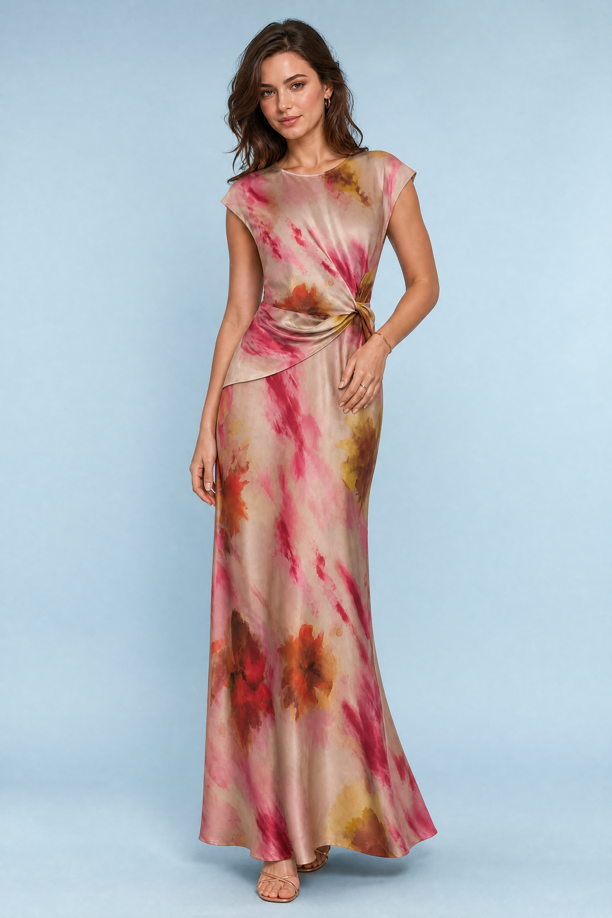 Robe longue beige rosé imprimée | Vue de face | Lounelle Paris