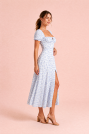 Robe bleue encolure carrée manches bouffantes | Vue de profil | Lounelle Paris