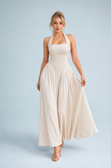 Apricot Halter-Neck Backless Maxi Dress