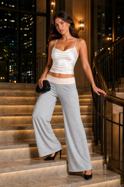 Pantalon large marron taille basse | Variante Gris clair - Lifestyle | Lounelle Paris