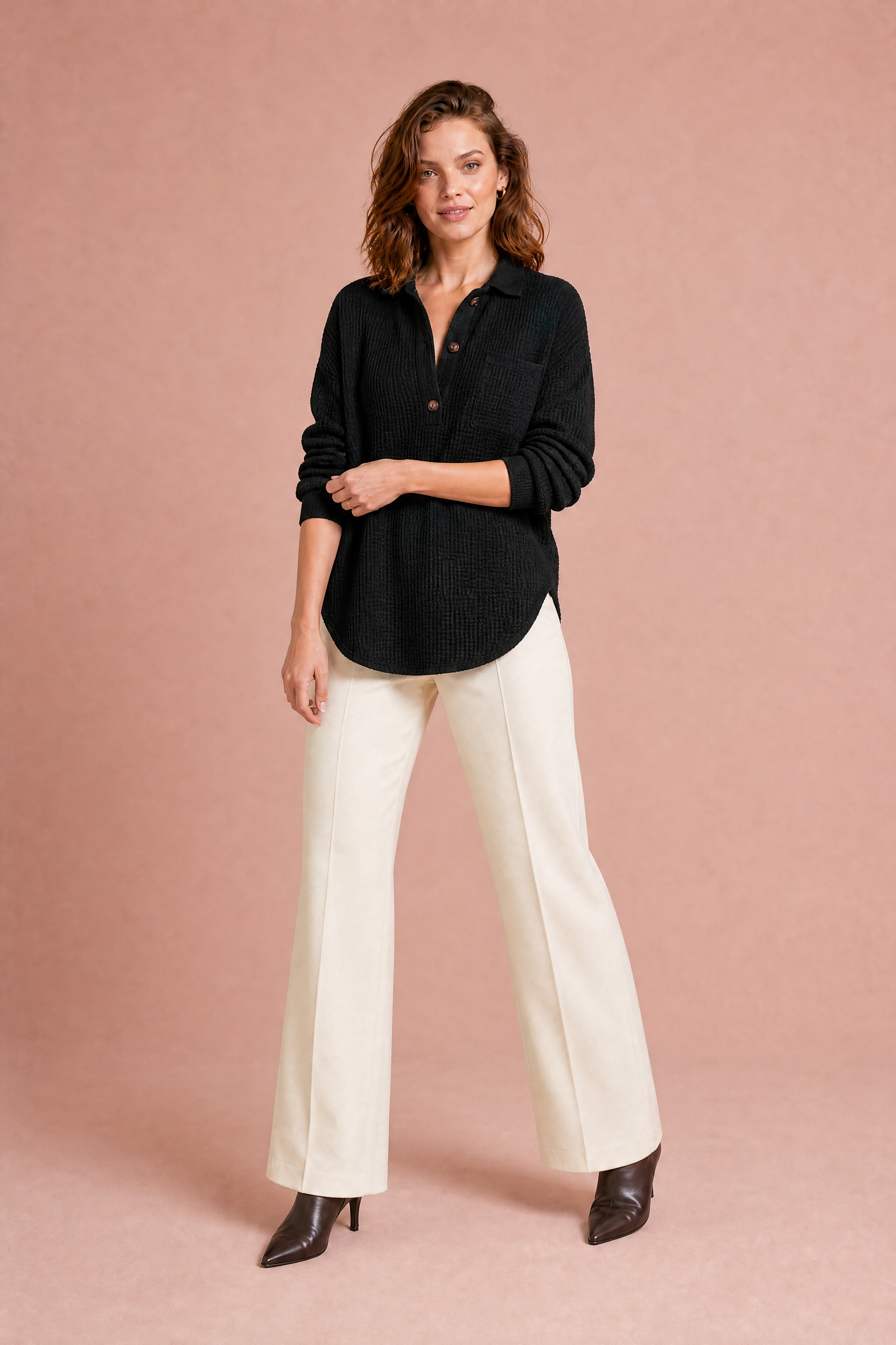 Top maille gaufrée col chemise | Variante Noir | Lounelle Paris