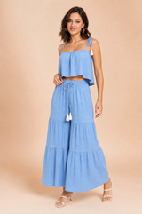 Light Blue Tie-Strap Crop Top and Tiered Wide-Leg Pants Set