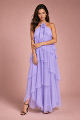 Ruffled Backless Halter Maxi Dress