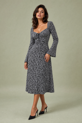 Black Floral Square-Neck Long-Sleeve Midi Dress