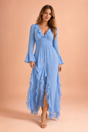 Robe longue bleue à volants | Vue de face | Lounelle Paris