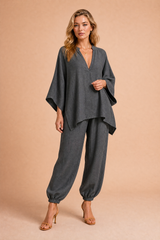 Light Blue Linen-Look V-Neck Pants Set