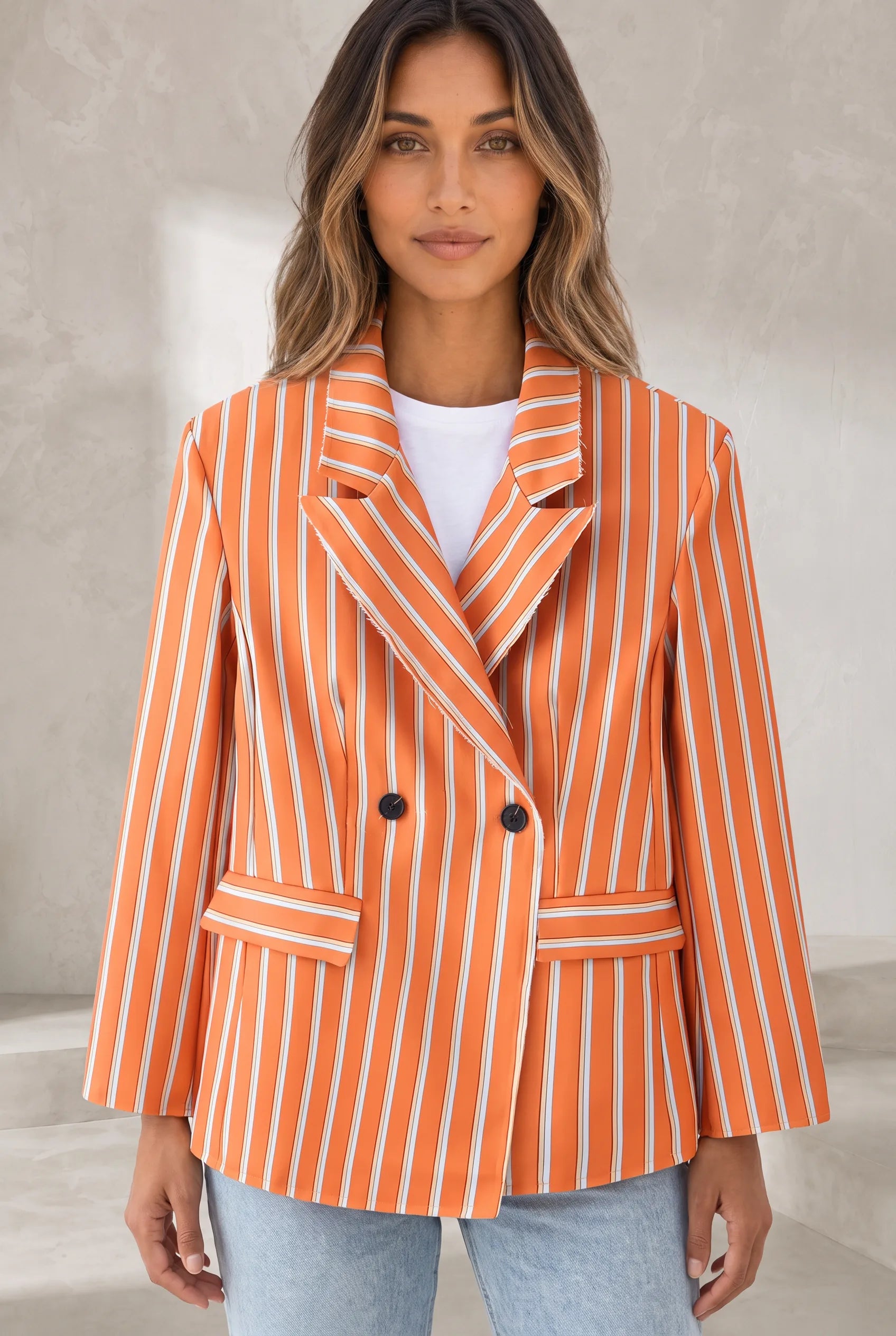 Blazer orange rayé coupe ample | Lounelle Paris