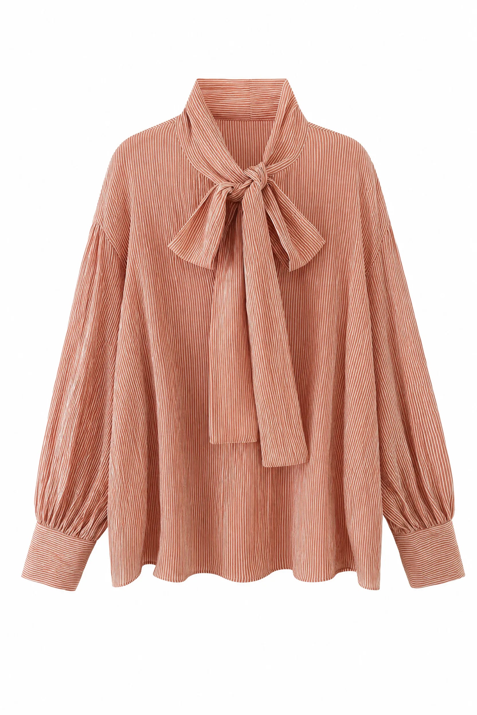 Blouse rouge orangée à rayures lavallière | Lounelle Paris