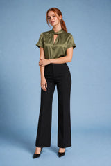 Satin High-Neck Short-Sleeve Blouse