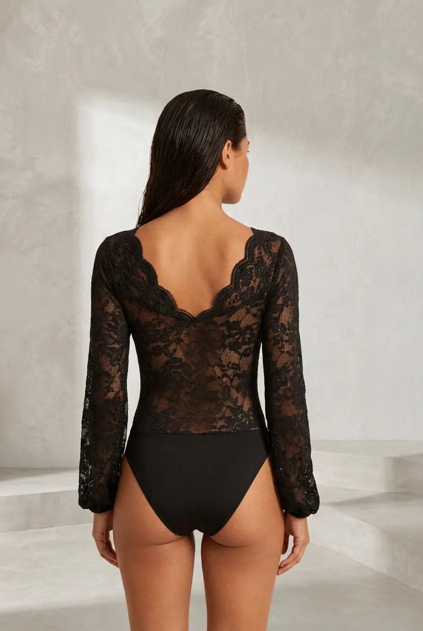Body noir en dentelle manches longues | Lounelle Paris