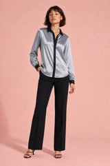Satin Contrast-Trim Button-Down Blouse