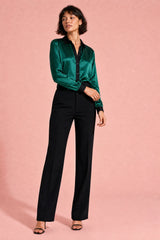 Satin Contrast-Trim Button-Down Blouse