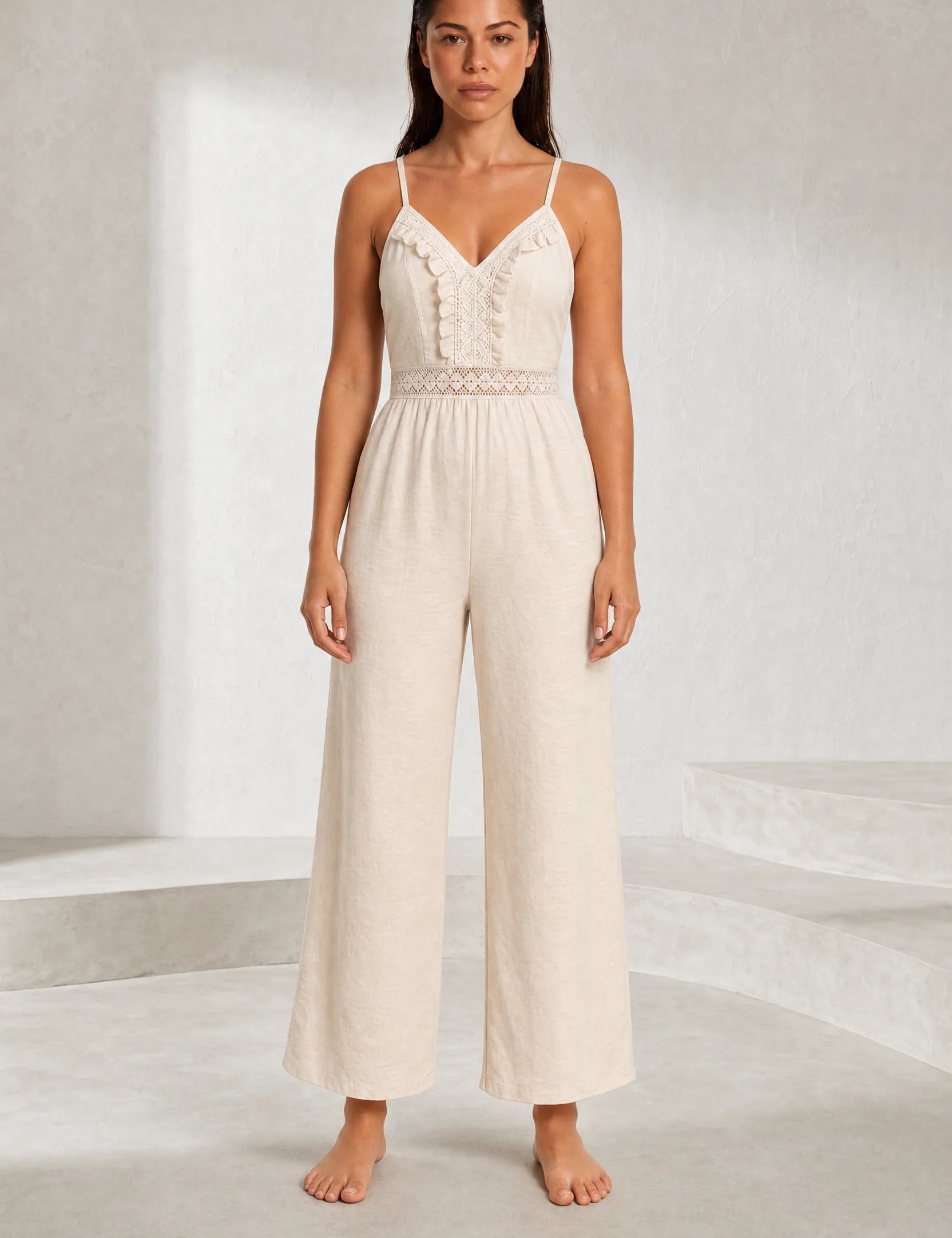 Combinaison abricot col V jambes larges | Lounelle Paris