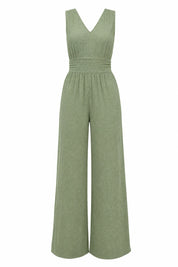 Combinaison verte col V taille smockée | Lounelle Paris