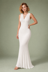Pleated white V-neck maxi dress