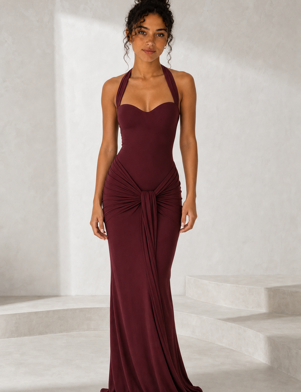 Robe longue licou dos nu laçage variante bordeaux