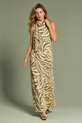 Yellow Zebra Print Scarf-Neck Maxi Dress
