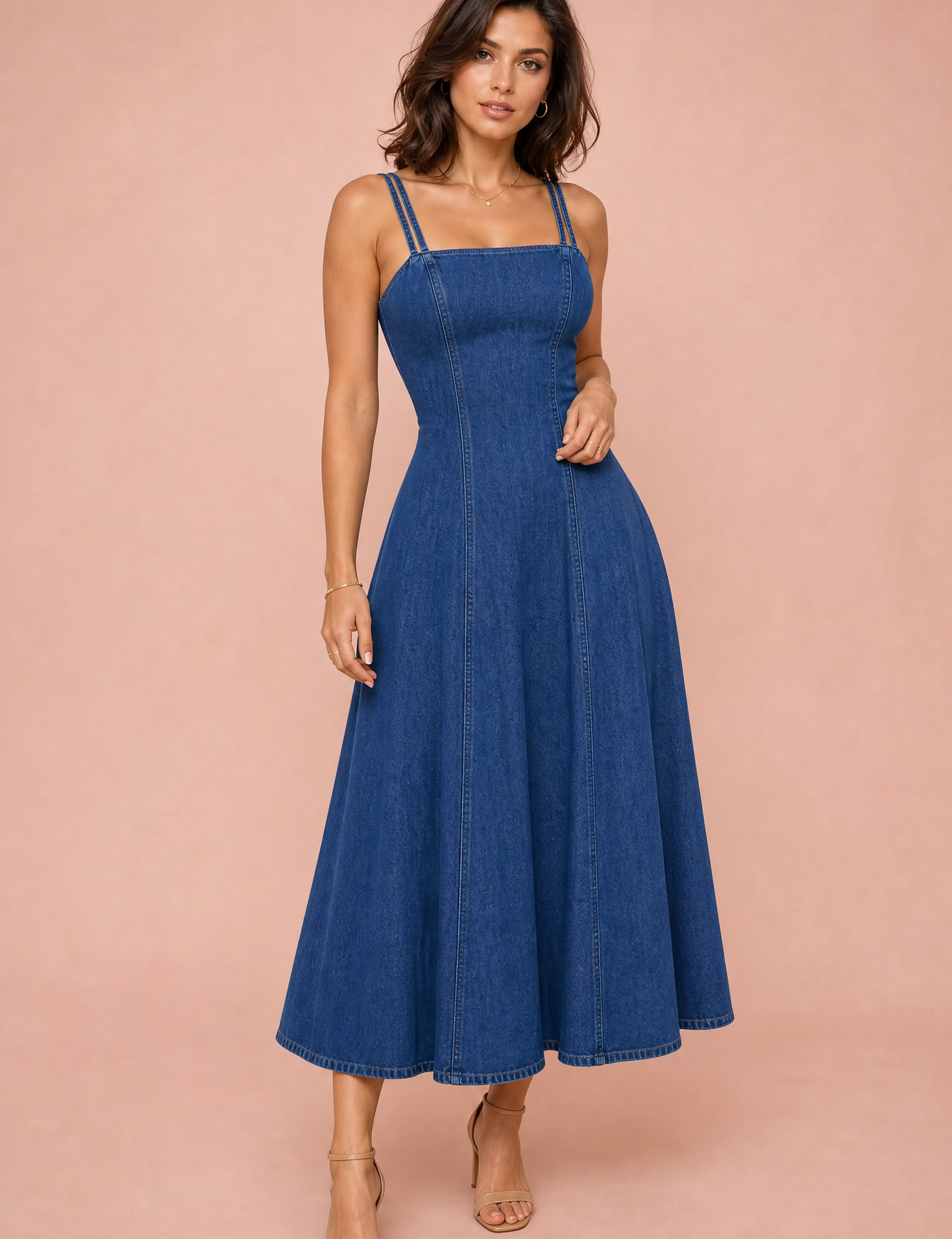 Robe bleue fines bretelles évasée | Vue de face | Lounelle Paris