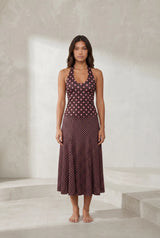 Ensemble marron à pois col halter