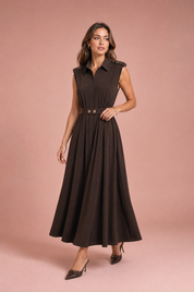 Robe marron col chemise ceinturée | Vue de face | Lounelle Paris
