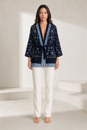 Gilet bleu marine col V franges | Lounelle Paris