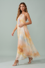 Ecru Abstract-Print Backless Halter Maxi Dress
