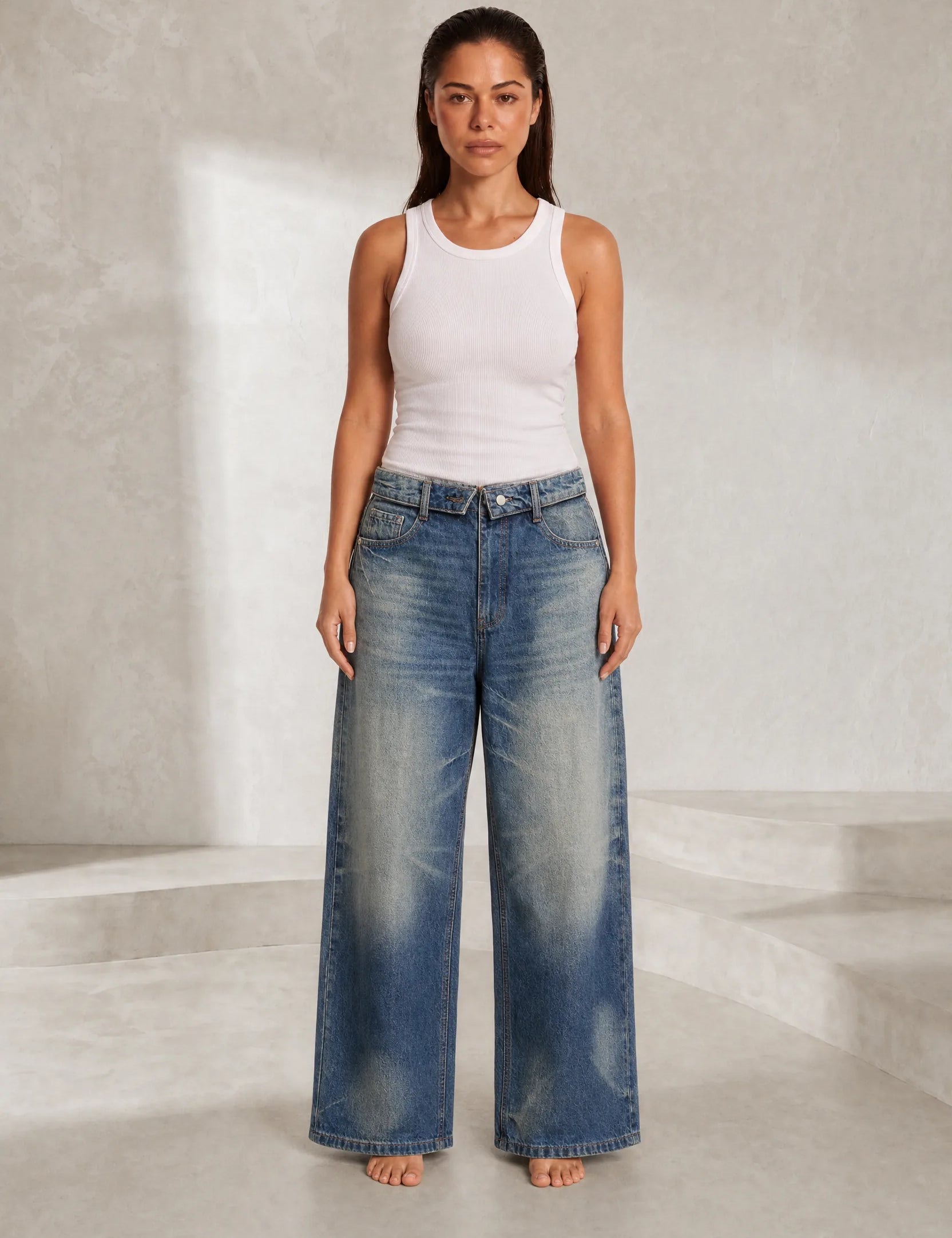 Jean bleu ample taille rabattable | Lounelle Paris