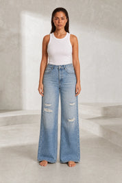Jean bleu délavé coupe ample déchiré | Lounelle Paris