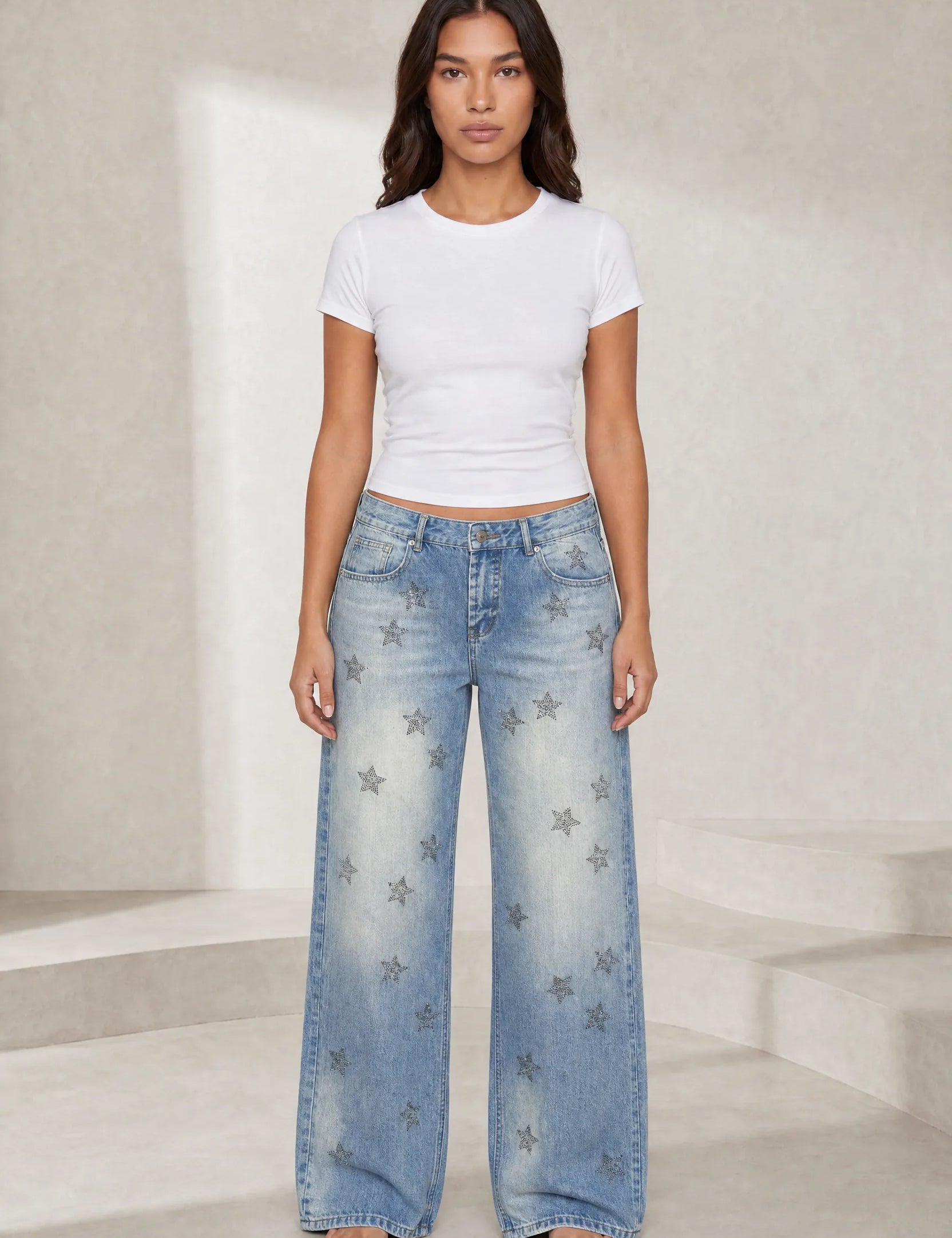Jean bleu délavé taille basse à étoiles | Lounelle Paris