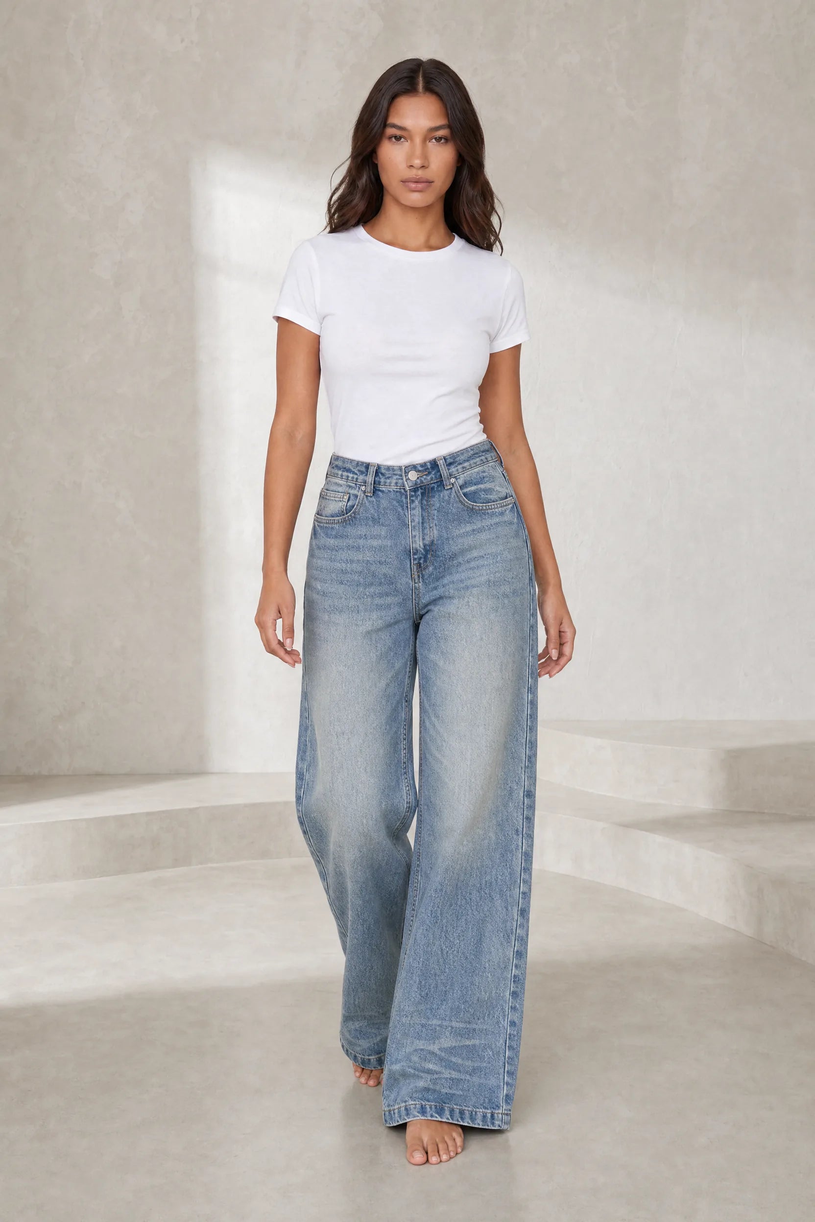 Jean bleu taille mi-haute coupe ample | Lounelle Paris