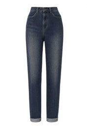 Jean mom bleu foncé taille haute coupe droite | Lounelle Paris