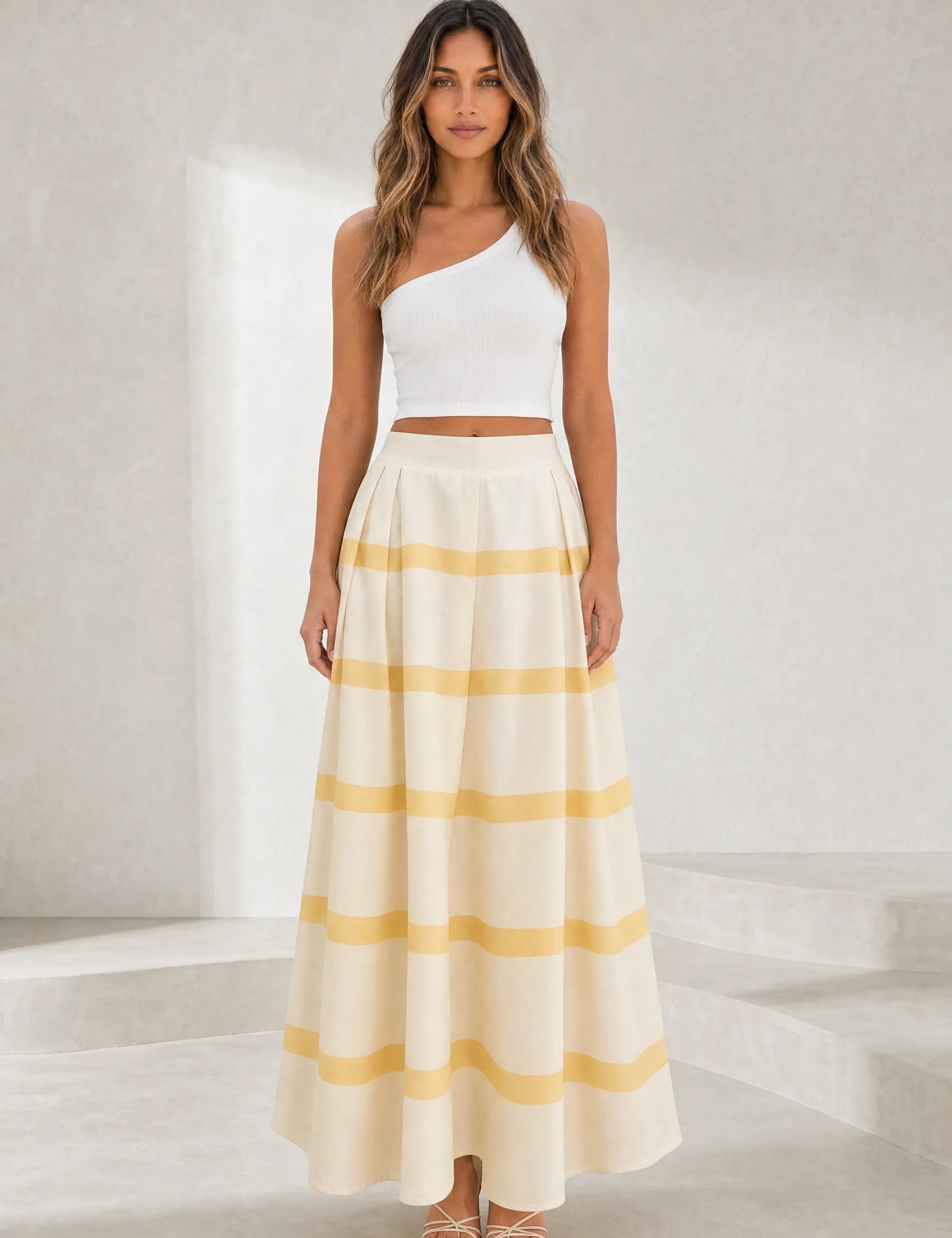 Jupe longue jaune rayée taille haute | Lounelle Paris