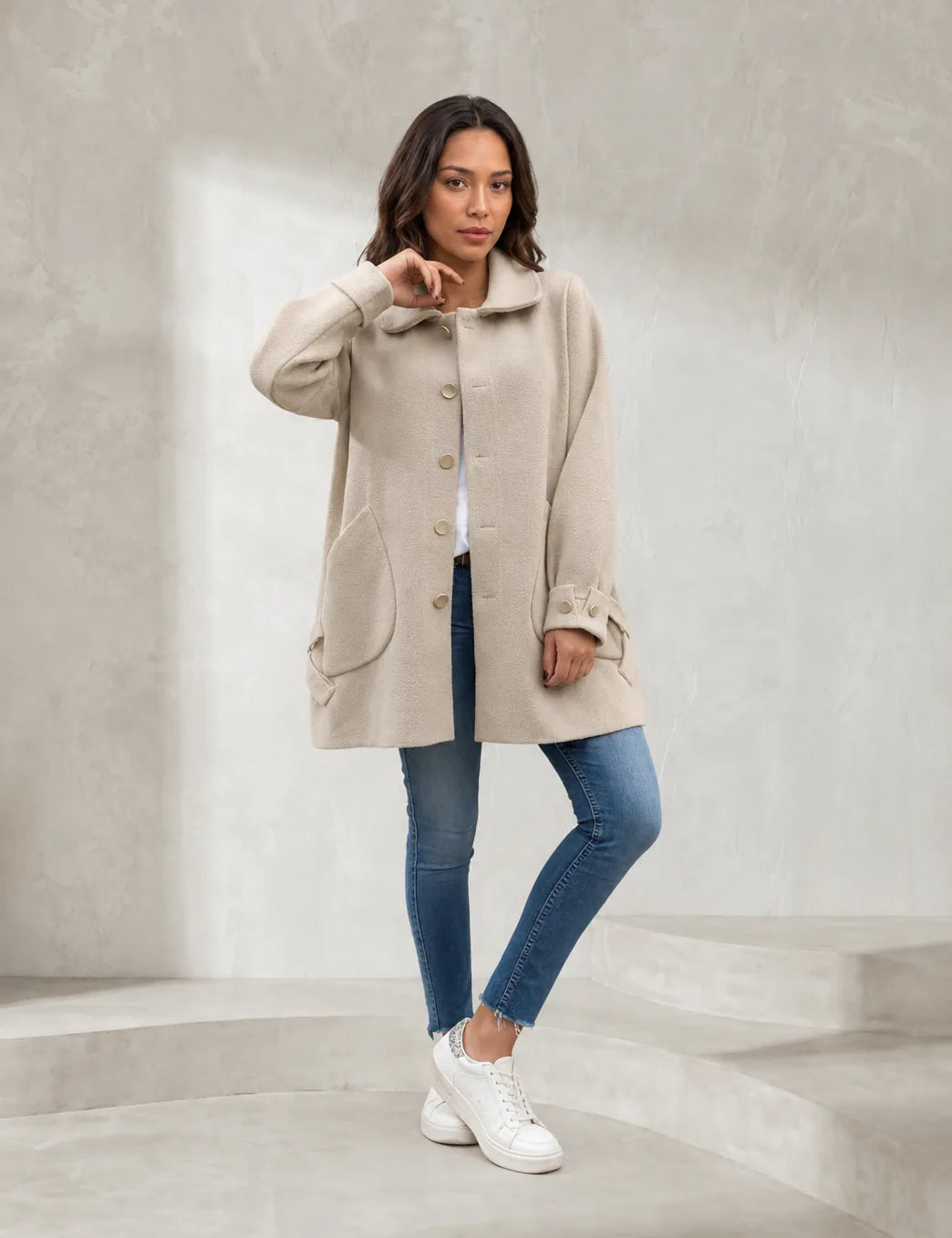 Manteau beige ample col à revers | Lounelle Paris