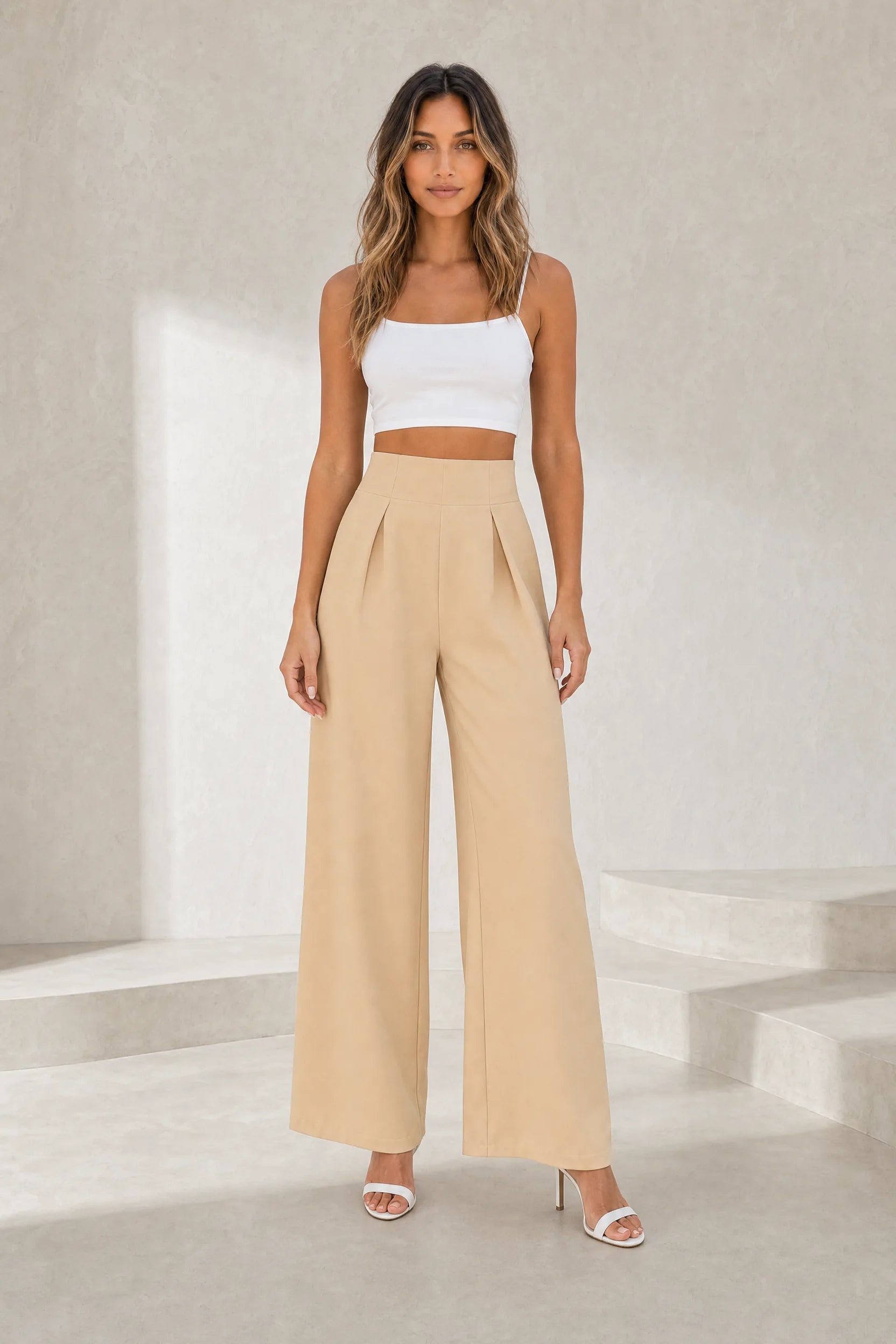 Pantalon beige taille haute jambes larges | Lounelle Paris