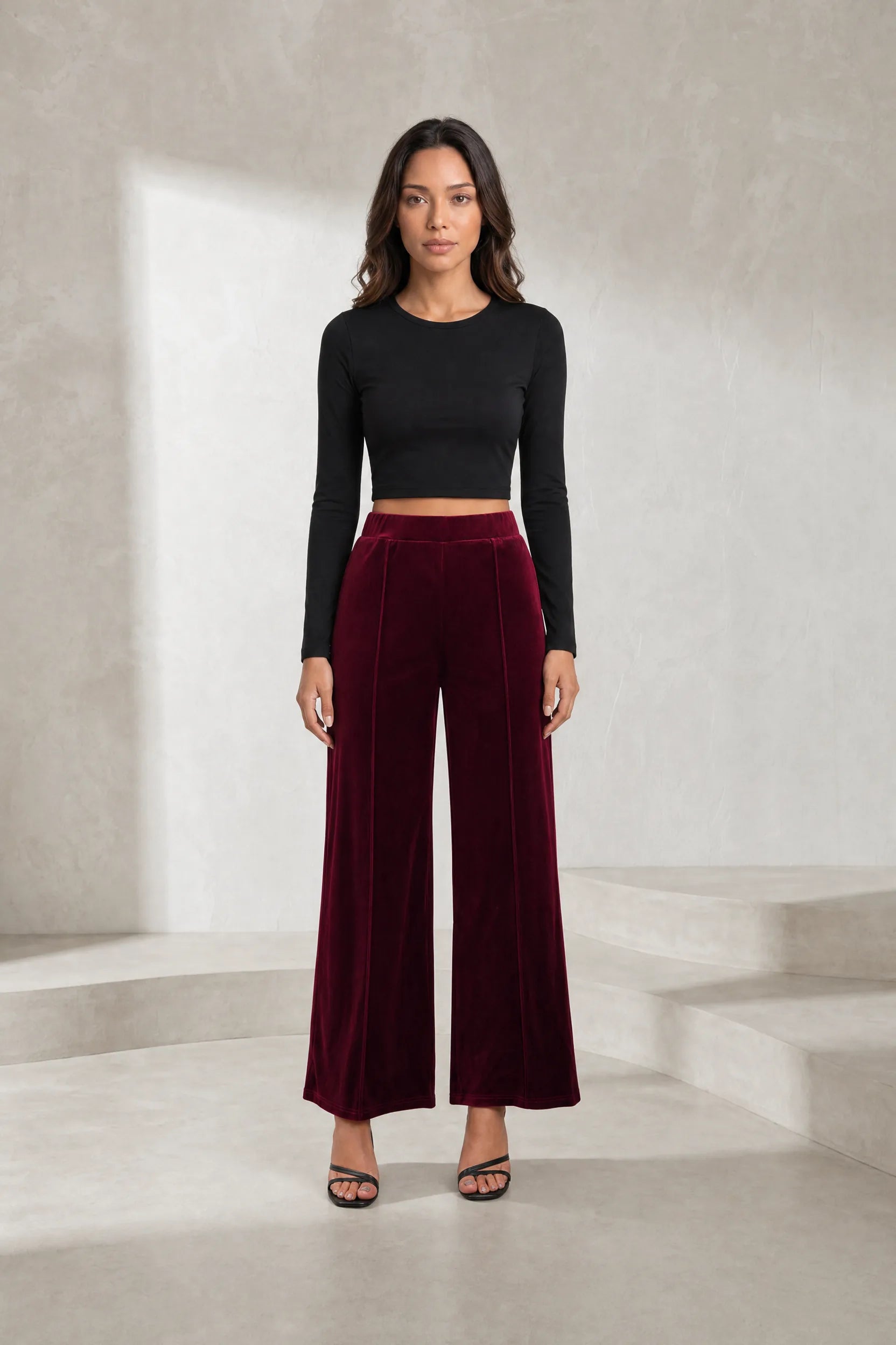 Pantalon large bordeaux taille haute en velours | Lounelle Paris