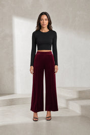 Pantalon large bordeaux taille haute en velours | Lounelle Paris