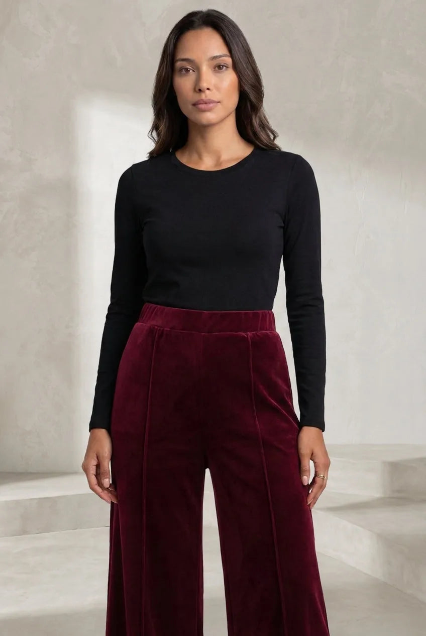 Pantalon large bordeaux taille haute en velours | Lounelle Paris