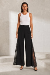 Pantalon large noir taille haute dentelle