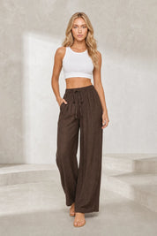Pantalon marron large taille haute | Lounelle Paris