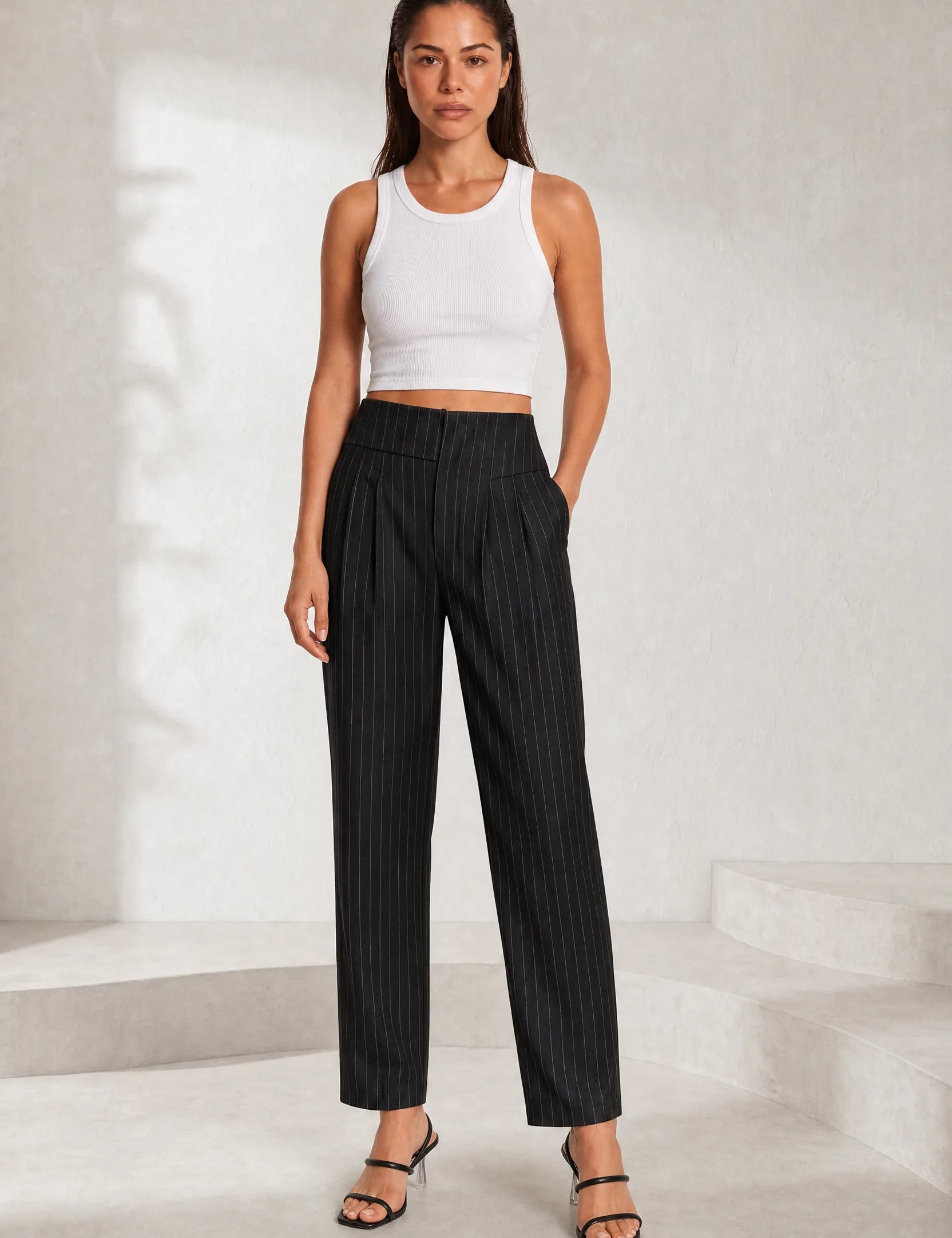 Pantalon tailleur rayé taille haute | Lounelle Paris
