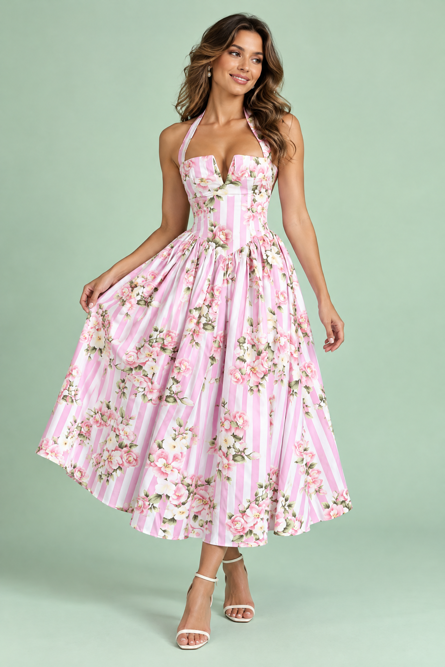 Robe longue rose dos nu à rayures et motifs floraux | Vue de face | Lounelle Paris