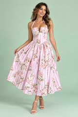 Pink Floral Stripe Halter Dress