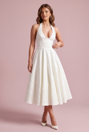 Robe midi jacquard à encolure dos nu écru | Vue de face | Lounelle Paris