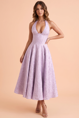 Purple Floral Lace A-Line Midi Dress with V-Neck