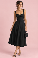Black A-Line Square-Neck Midi Dress