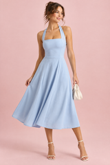 Light blue midi dress with a flared skirt and square neckline