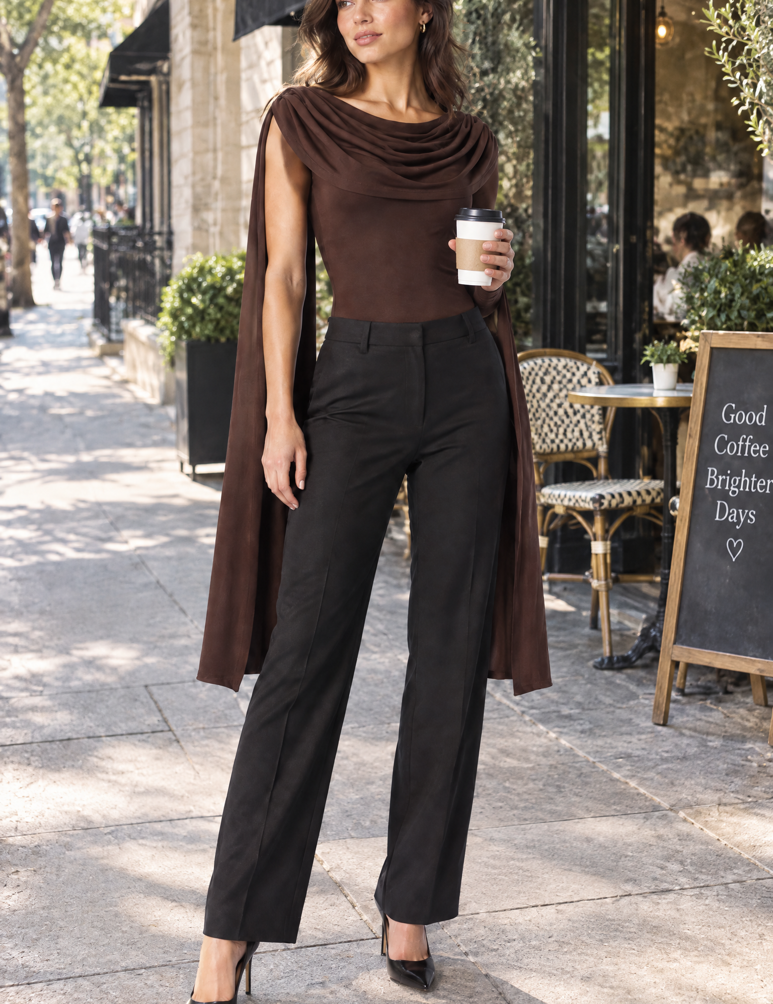 Body marron ajusté froncé à col bénitier | Photo lifestyle | Lounelle Paris